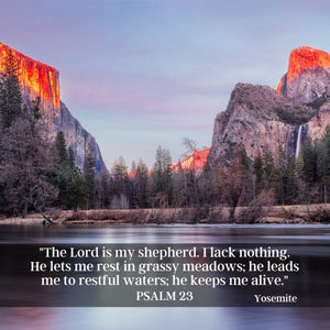 Sacred Cross Necklace, Bible Verse Psalm 23, Yosemite Sunset card only