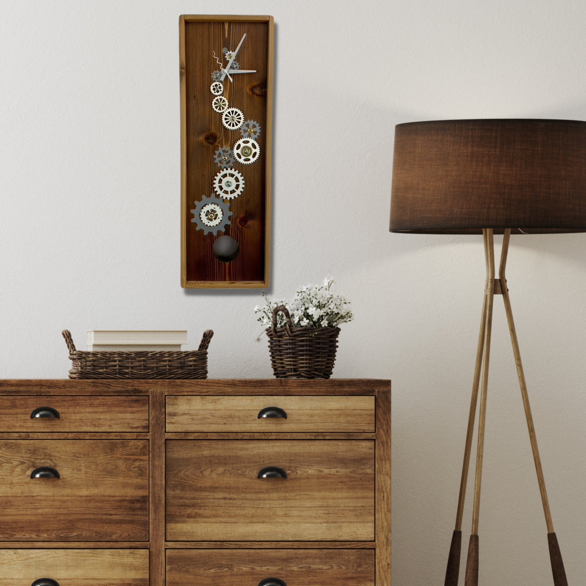 KingWood Pendulum Wall Clock w/ Gears, Cedar & Silver on bedroom wall