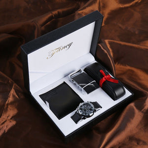 Men's leather automatic buckle belt watch gift set