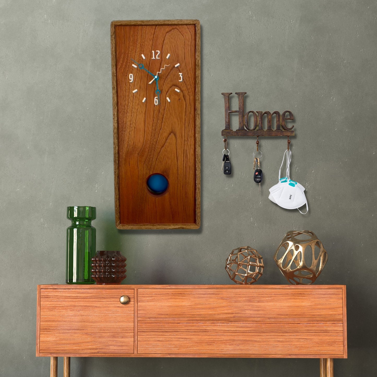 KingWood Pendulum Wall Clock In Cedar & Blue at entry hall