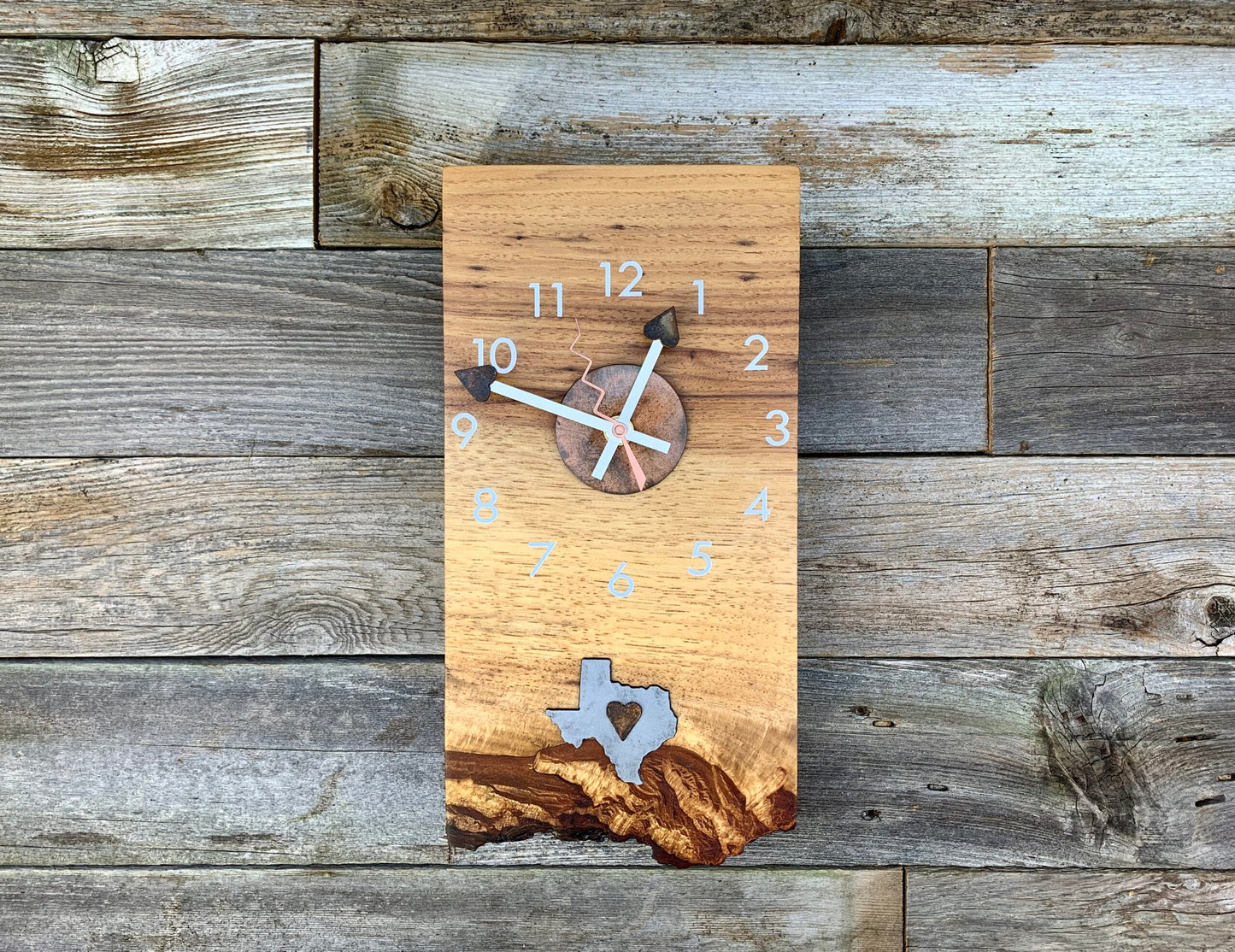 KingWood Live Edge Texas Pecan Slab Wall Clock "Texas Love"