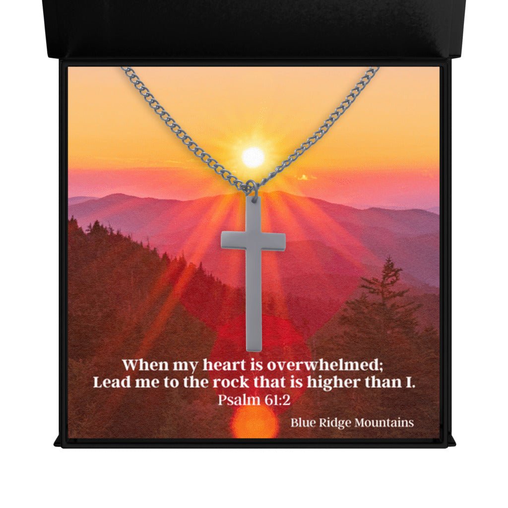 Sacred Cross Necklace, Bible Verse Psalm 61:2, Blue Ridge Mountains