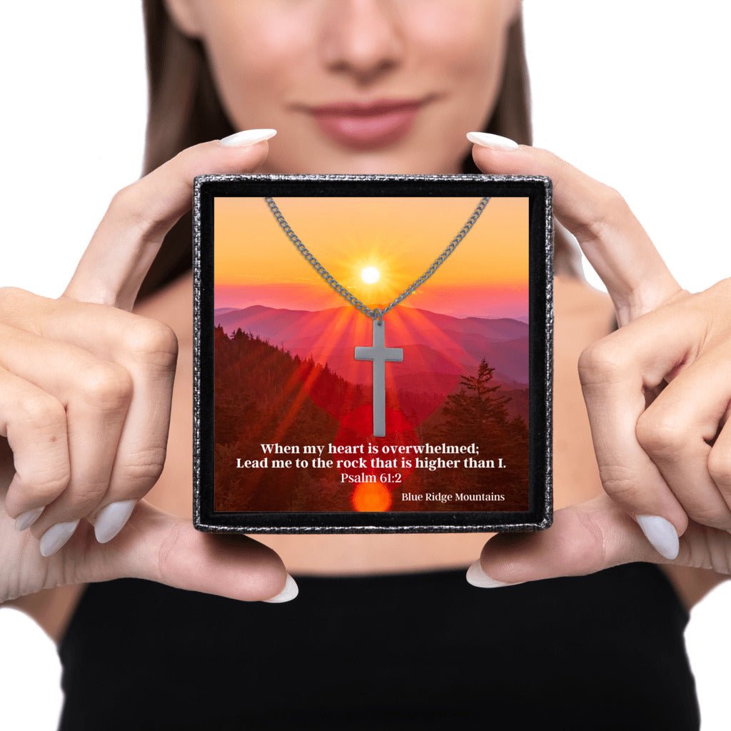 Sacred Cross Necklace, Bible Verse Psalm 61:2, Blue Ridge Mountains gifted by wife of faith
