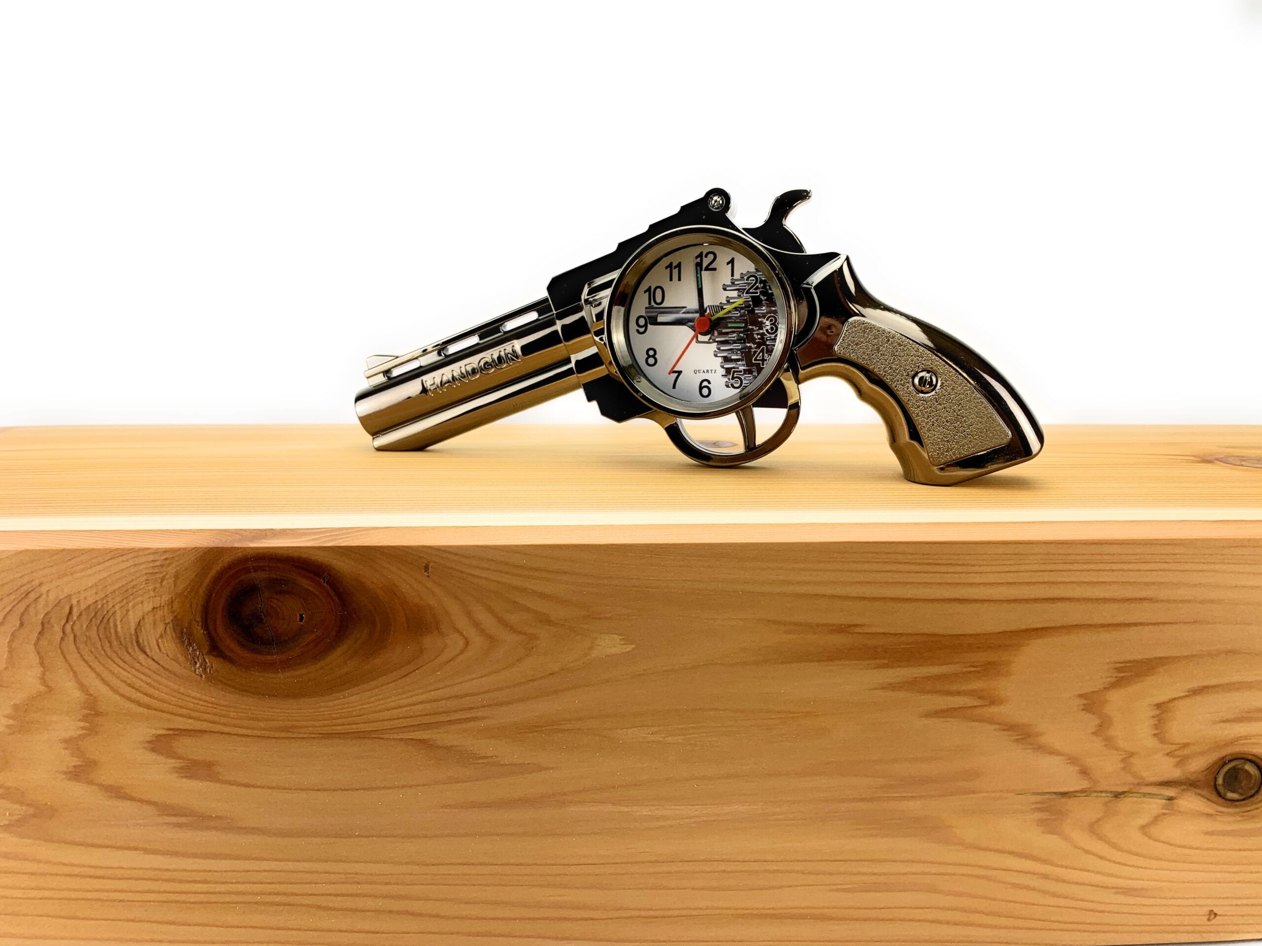 Silver Pistol / Gun Alarm Desk Clock