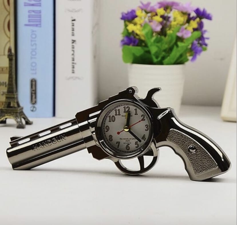 Silver Pistol / Gun Alarm Desk Clock