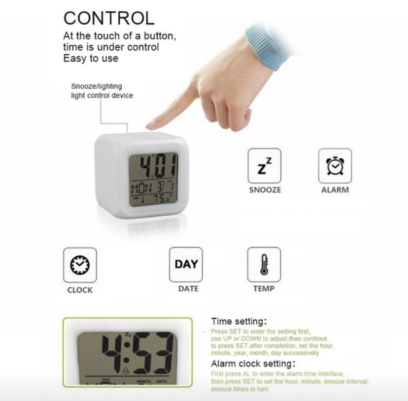 Colorful Cube Alarm Clock infographic