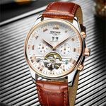 Load image into Gallery viewer, Swiss Tourbillon Mechanical Watch By KINYUED in brown displayed for gifting to man dad brother husband
