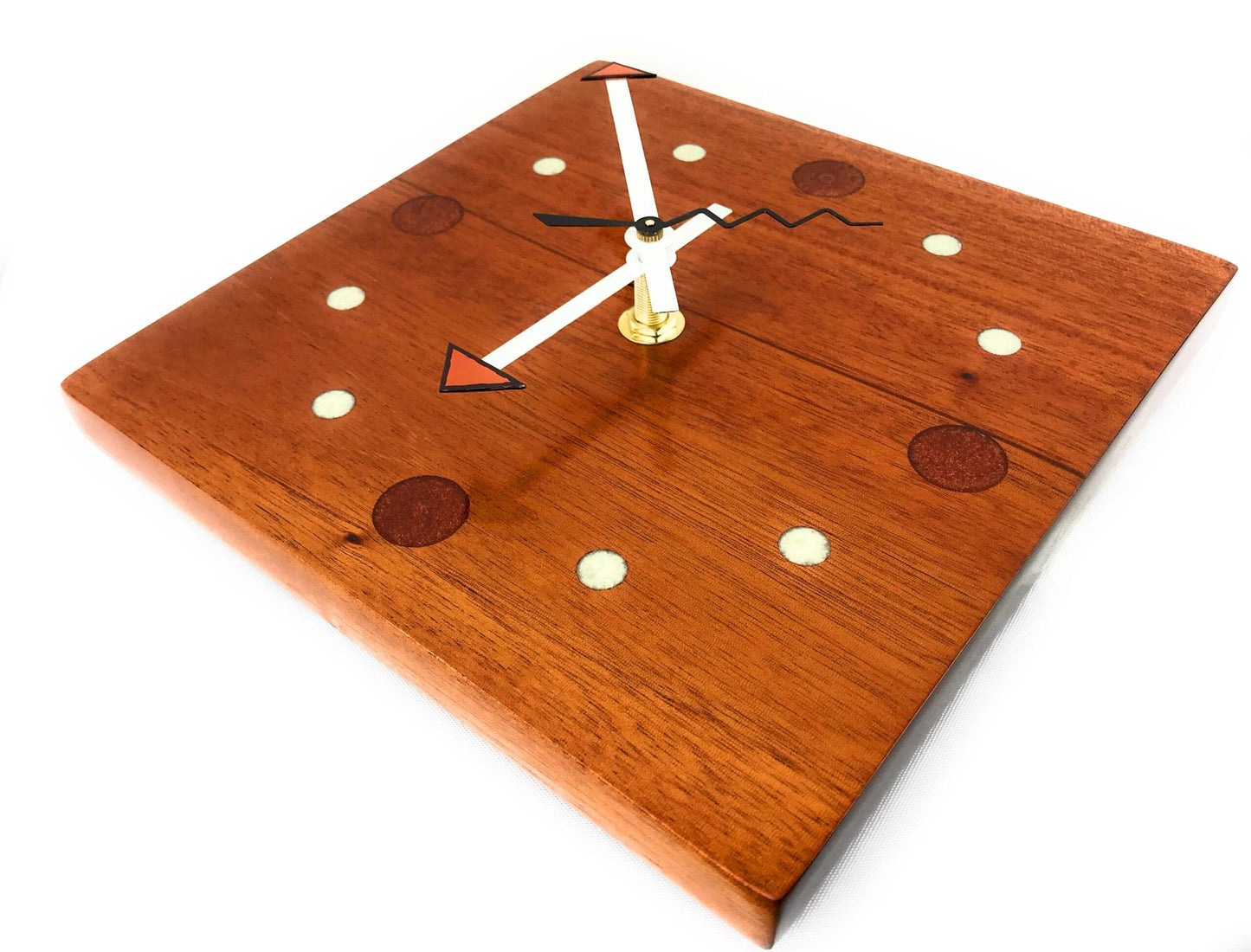 KingWood Mahogany Wall Clock w/ Epoxy Inlay Pearl White & Burnt Orange