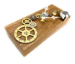 Load image into Gallery viewer, Reclaimed Walnut Slab Wall Clock with Brass Gears “Silver Bell”, Wood and Metal Wall Art
