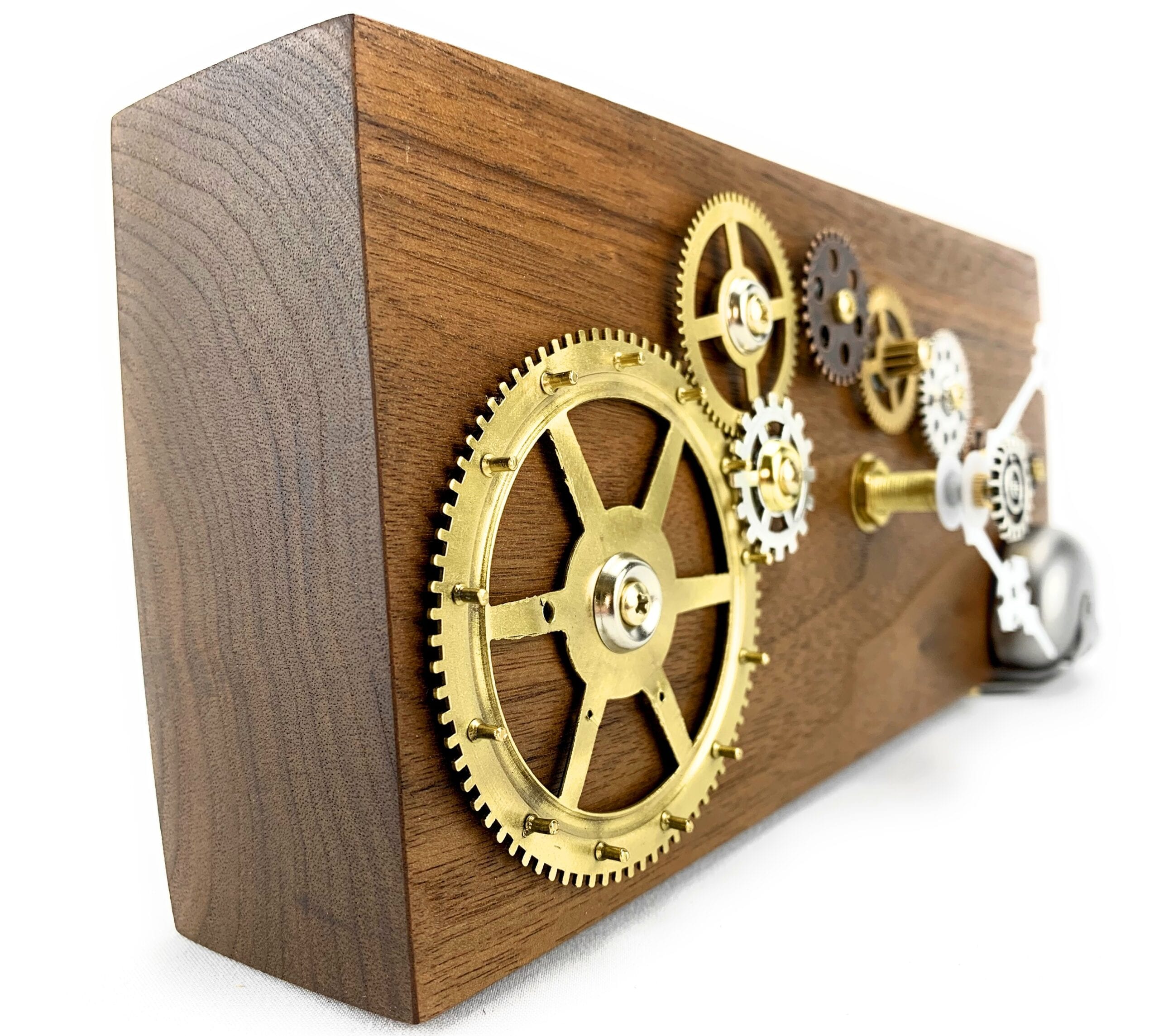 KingWood Reclaimed Walnut Slab Wall Clock with Brass Gears "Silver Bell"