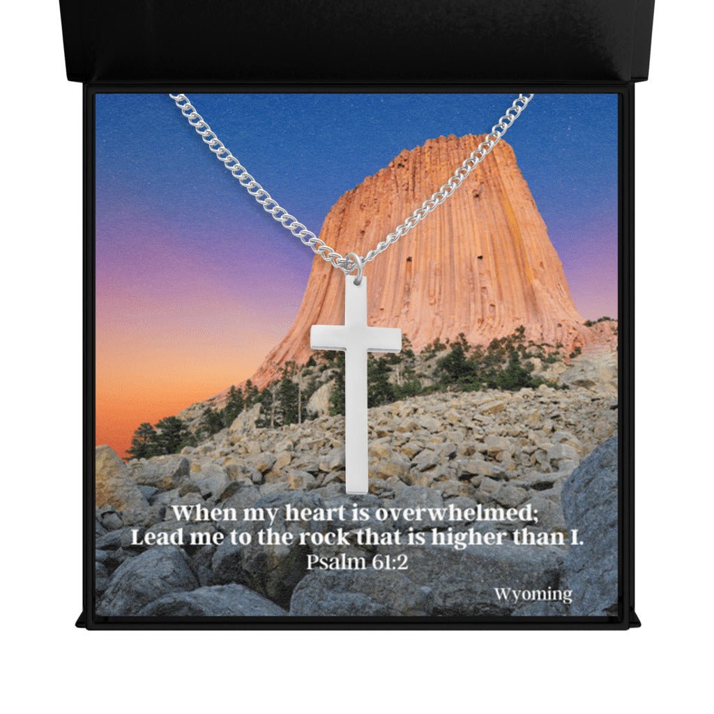 Sacred Cross Necklace, Bible Verse Psalm 61:2 in box