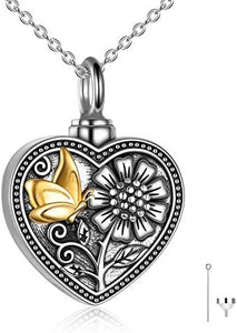 Silver Sunflower Butterfly Urn Necklace for Ashes Memorial Keepsake