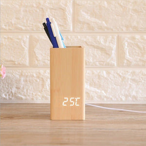 Creative Pen Holder Alarm Office Home Gift Simple Wooden Clock