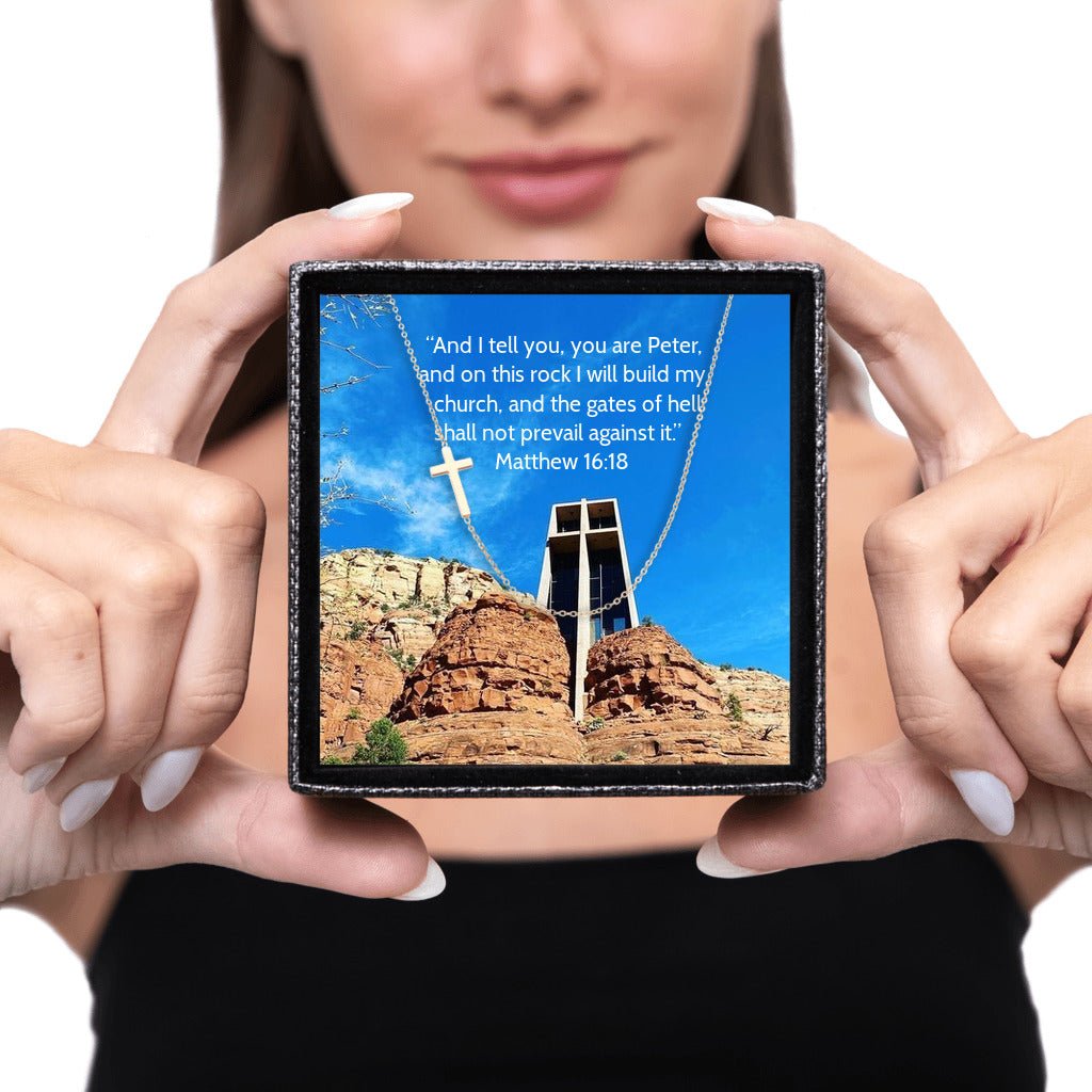 Sideways Cross Necklace, Bible Verse Matthew 16:18 being gifted by women