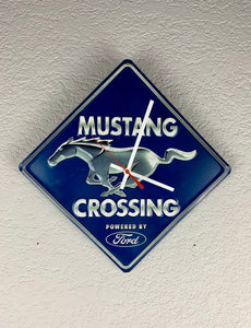 Ford Mustang Metal Sign Wall Clock on grey wall