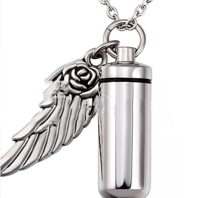 Cylindrical urn wing pendant, perfume bottle jewelry