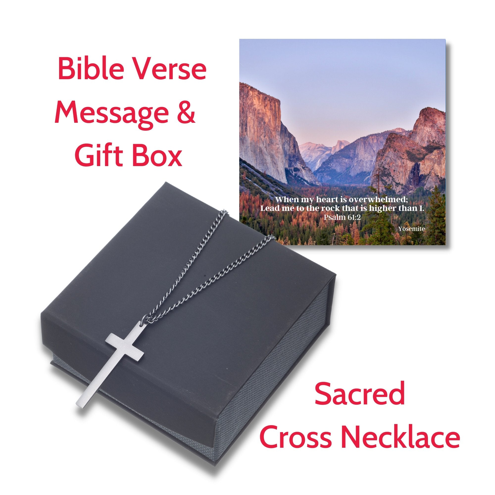 Sacred Cross Necklace, Bible Verse Psalm 61:2, Yosemite