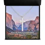Load image into Gallery viewer, Sacred Cross Necklace, Bible Verse Psalm 61:2, Yosemite shown in box
