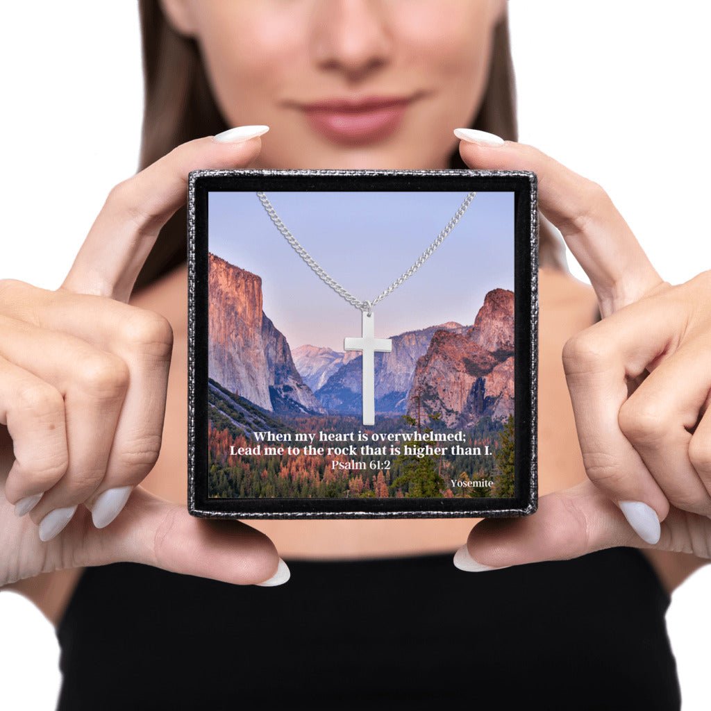 Sacred Cross Necklace, Bible Verse Psalm 61:2, Yosemite being gifted by woman