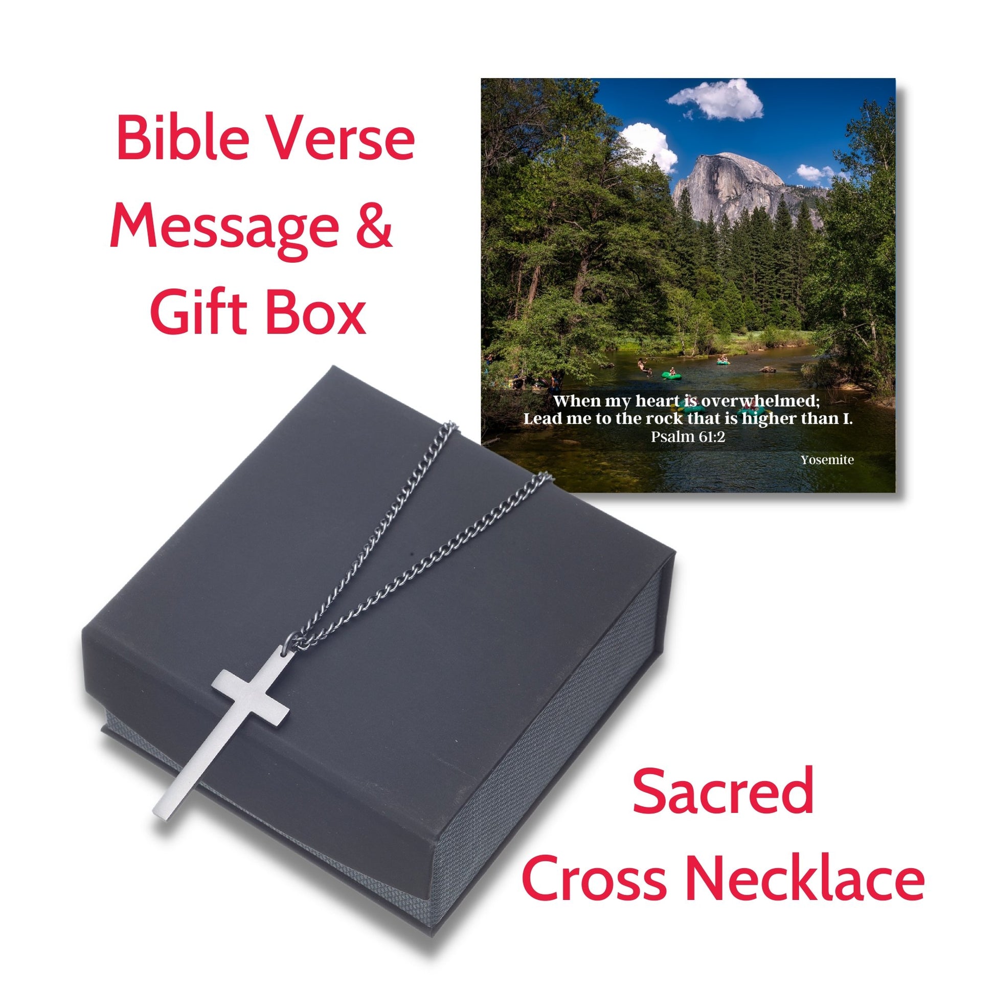 Sacred Cross Necklace, Bible Verse Psalm 61:2, Yosemite River Valley