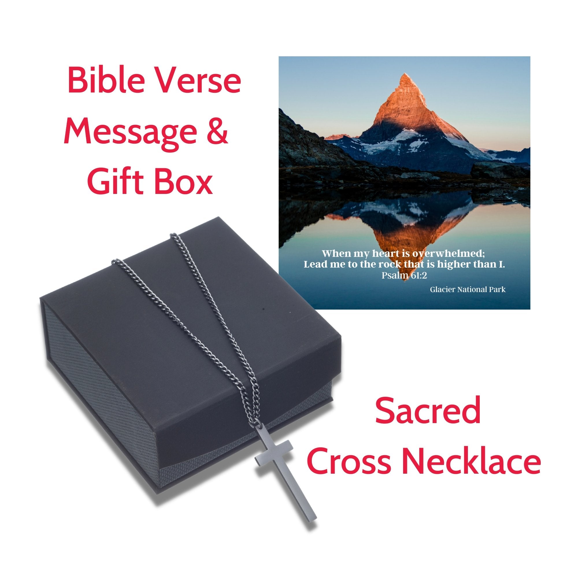Sacred Cross Necklace, Bible Verse Psalm 61:2, Glacier National Park