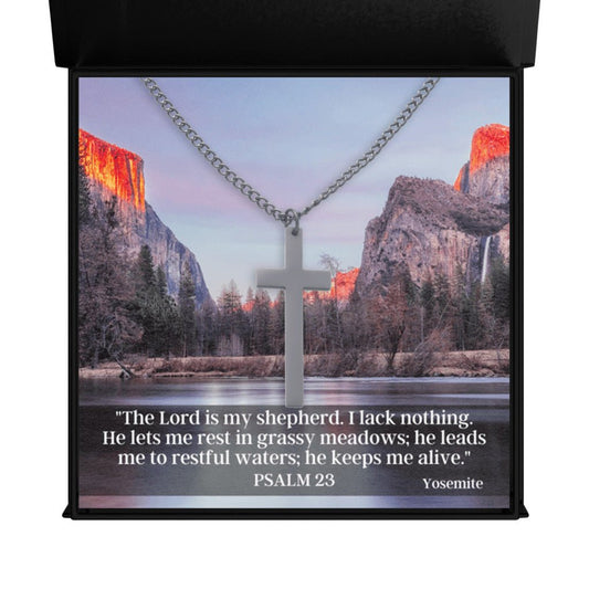 Sacred Cross Necklace, Bible Verse Psalm 23, Yosemite Sunset