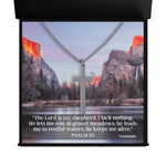 Load image into Gallery viewer, Sacred Cross Necklace, Bible Verse Psalm 23, Yosemite Sunset
