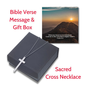 Sacred Cross Necklace, Bible Verse Psalm 61:2, Sunset Mountain