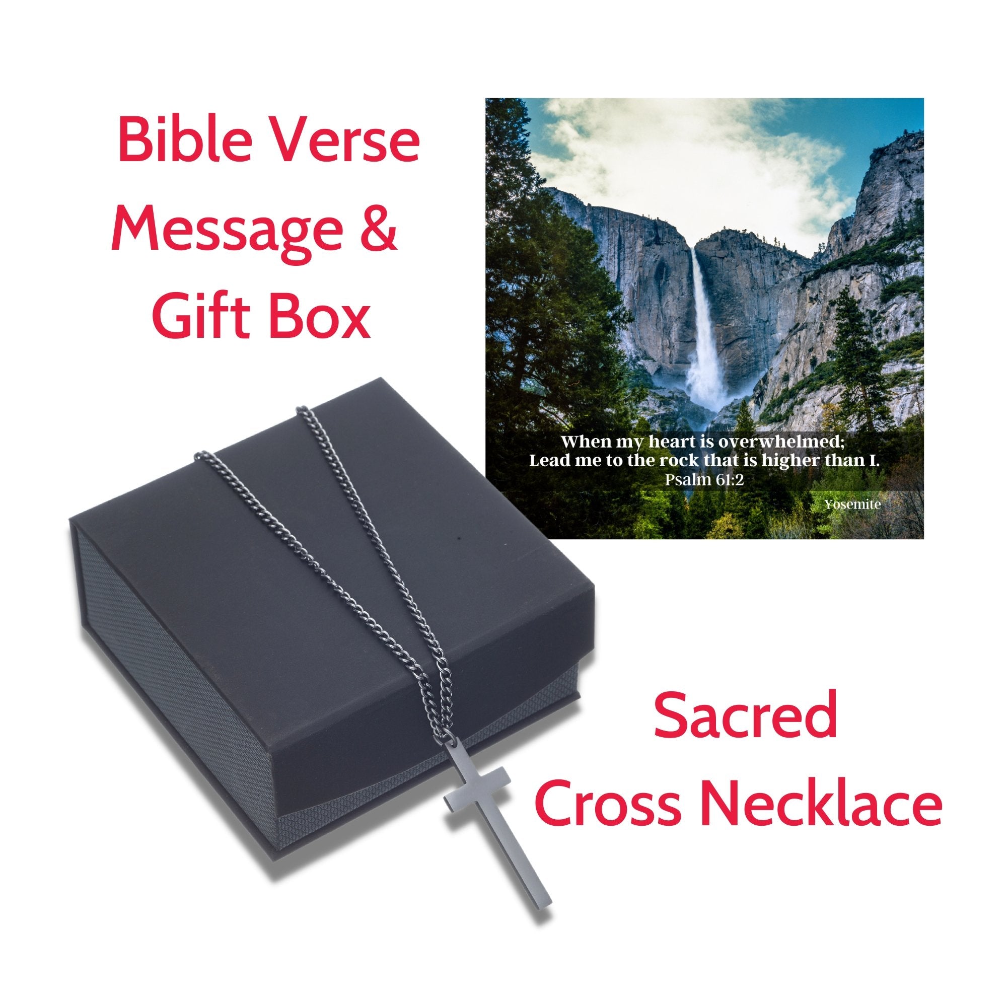 Sacred Cross Necklace, Bible Verse Psalm 61:2, Yosemite Falls