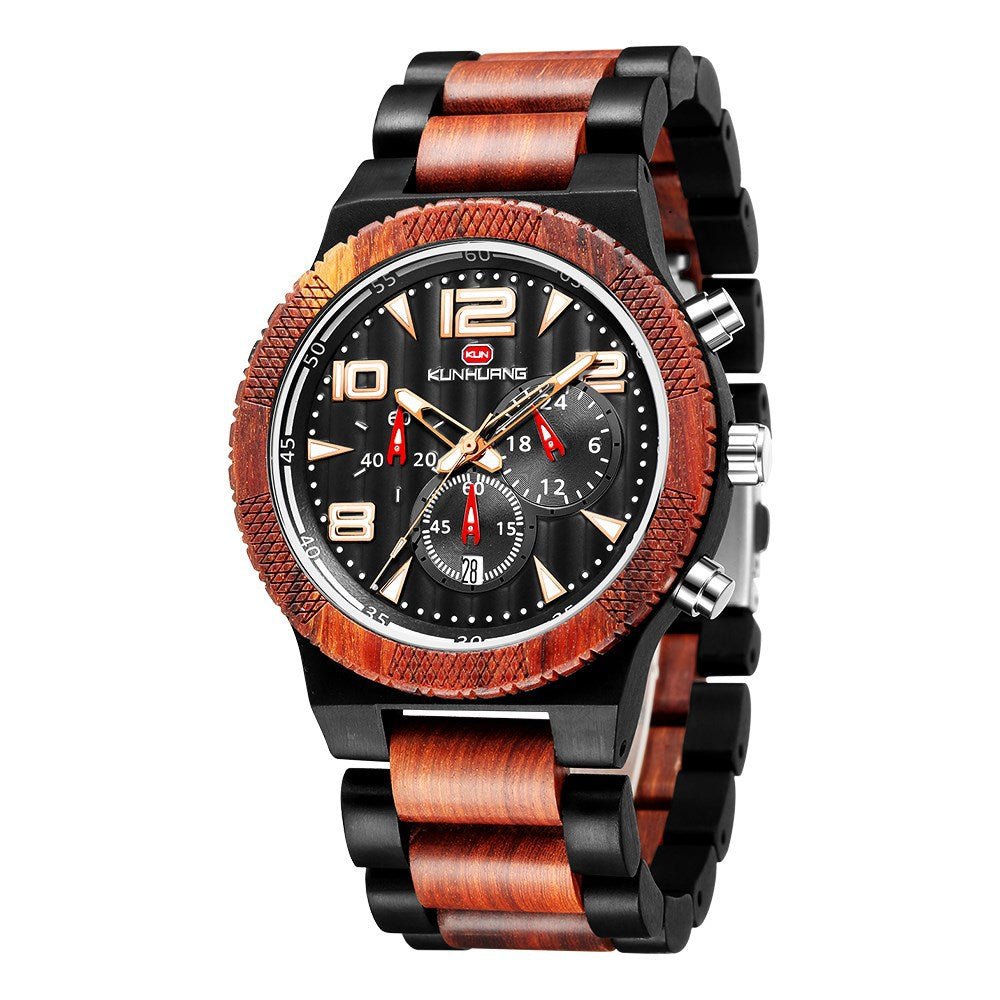 Kunhuang New Men's Watch Big Dial Movement Multi Function Sandalwood Quartz Watch With Luminous