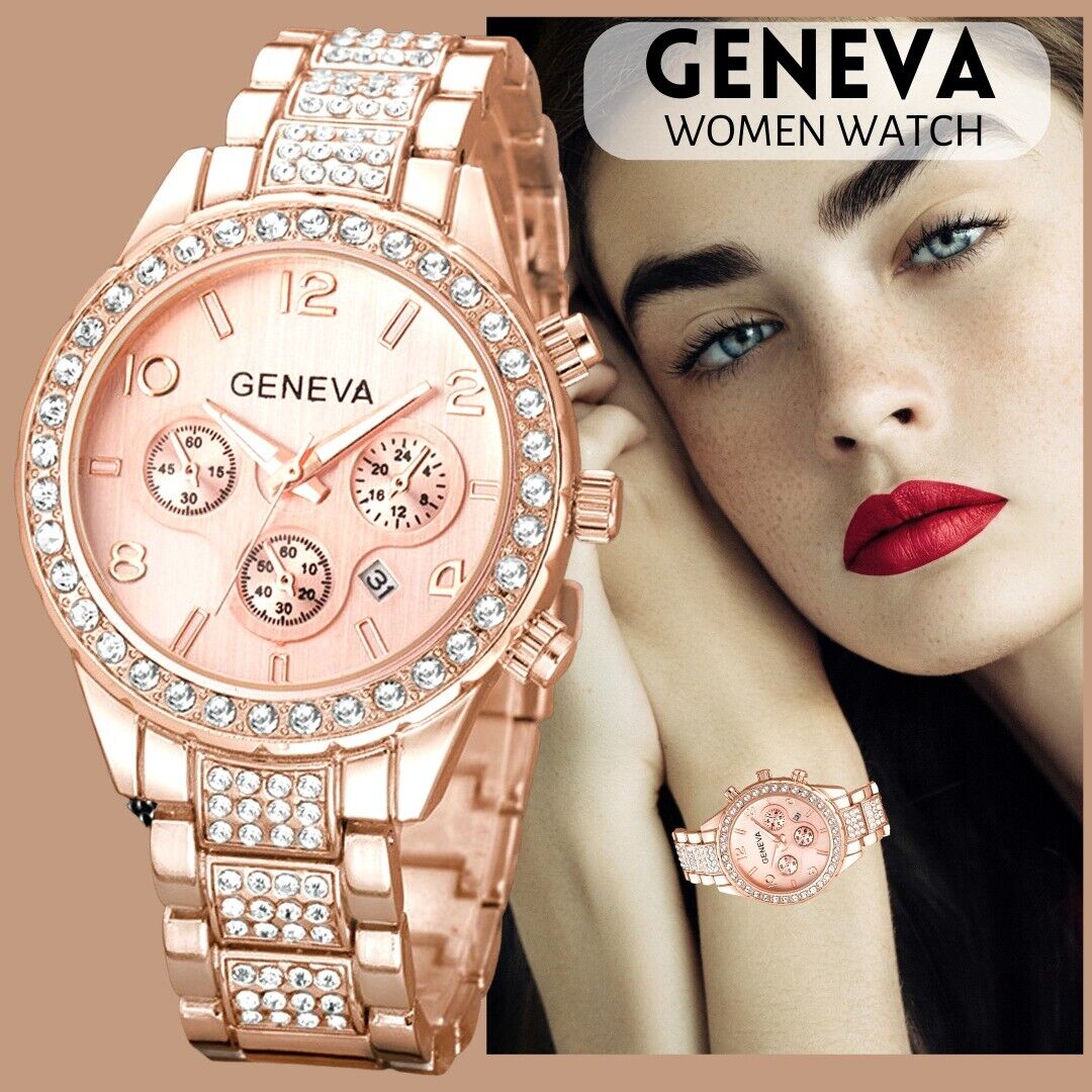 Stainless Steel Geneva Watch For Women Luxury Quartz Rose Gold