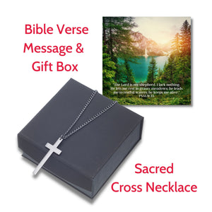 Sacred Cross Necklace, Bible Verse Psalm 23, Blue Lake