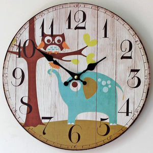 Owl & Elephant Antique Style Wooden Clock