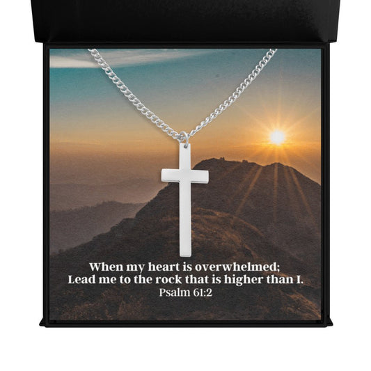 Sacred Cross Necklace, Bible Verse Psalm 61:2, Sunset Mountain