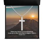 Load image into Gallery viewer, Sacred Cross Necklace, Bible Verse Psalm 61:2, Sunset Mountain
