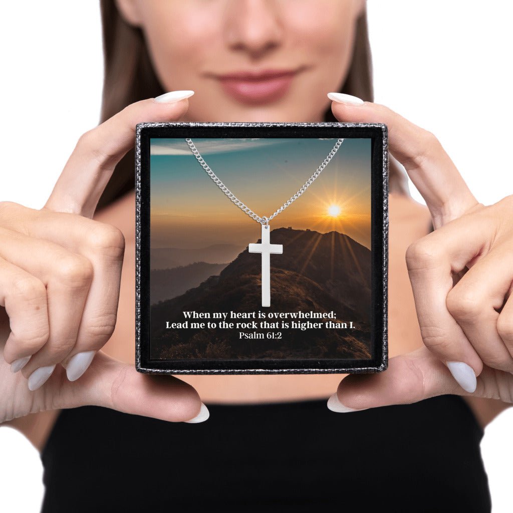 Sacred Cross Necklace, Bible Verse Psalm 61:2, Sunset Mountain being gifted by wife of faith and god