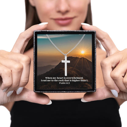 Sacred Cross Necklace, Bible Verse Psalm 61:2, Sunset Mountain being gifted by wife of faith and god