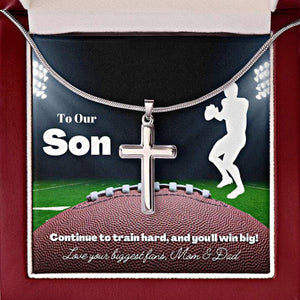 To Our Son Cross Necklace & Card Gift From Mom & Dad, Football Player, Quarterback