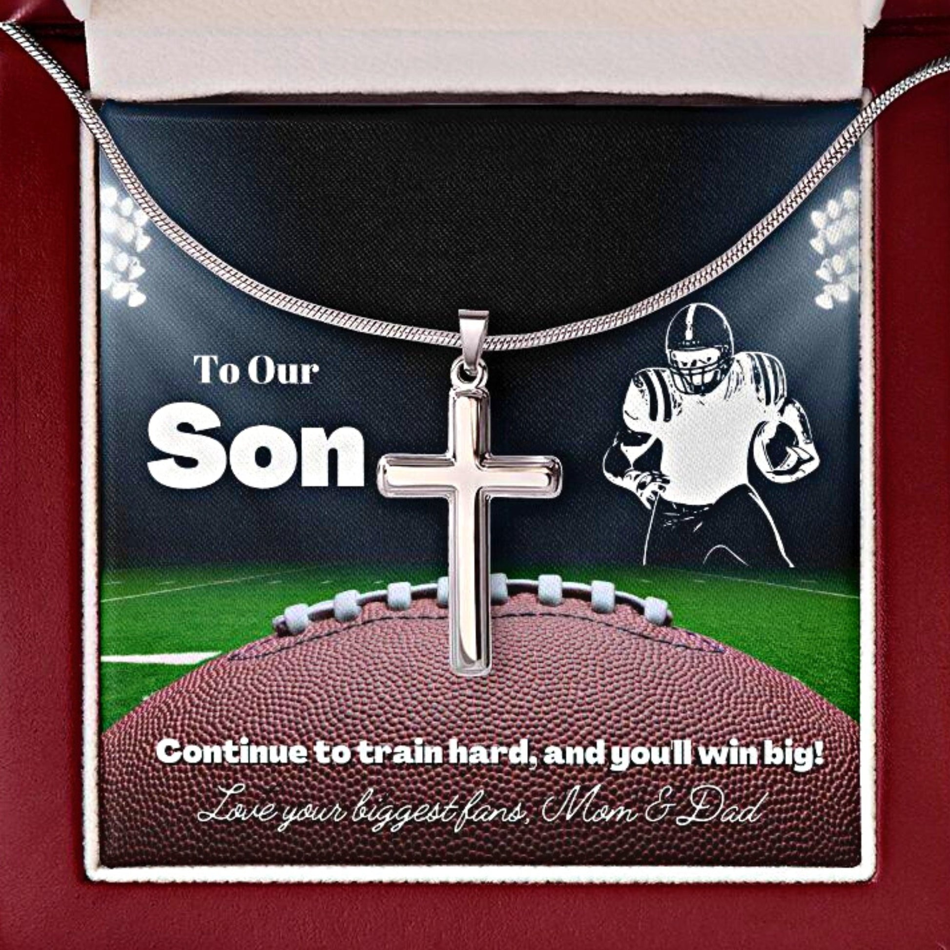 To Our Son Cross Necklace & Card Gift From Mom & Dad, Football Player, Running Back