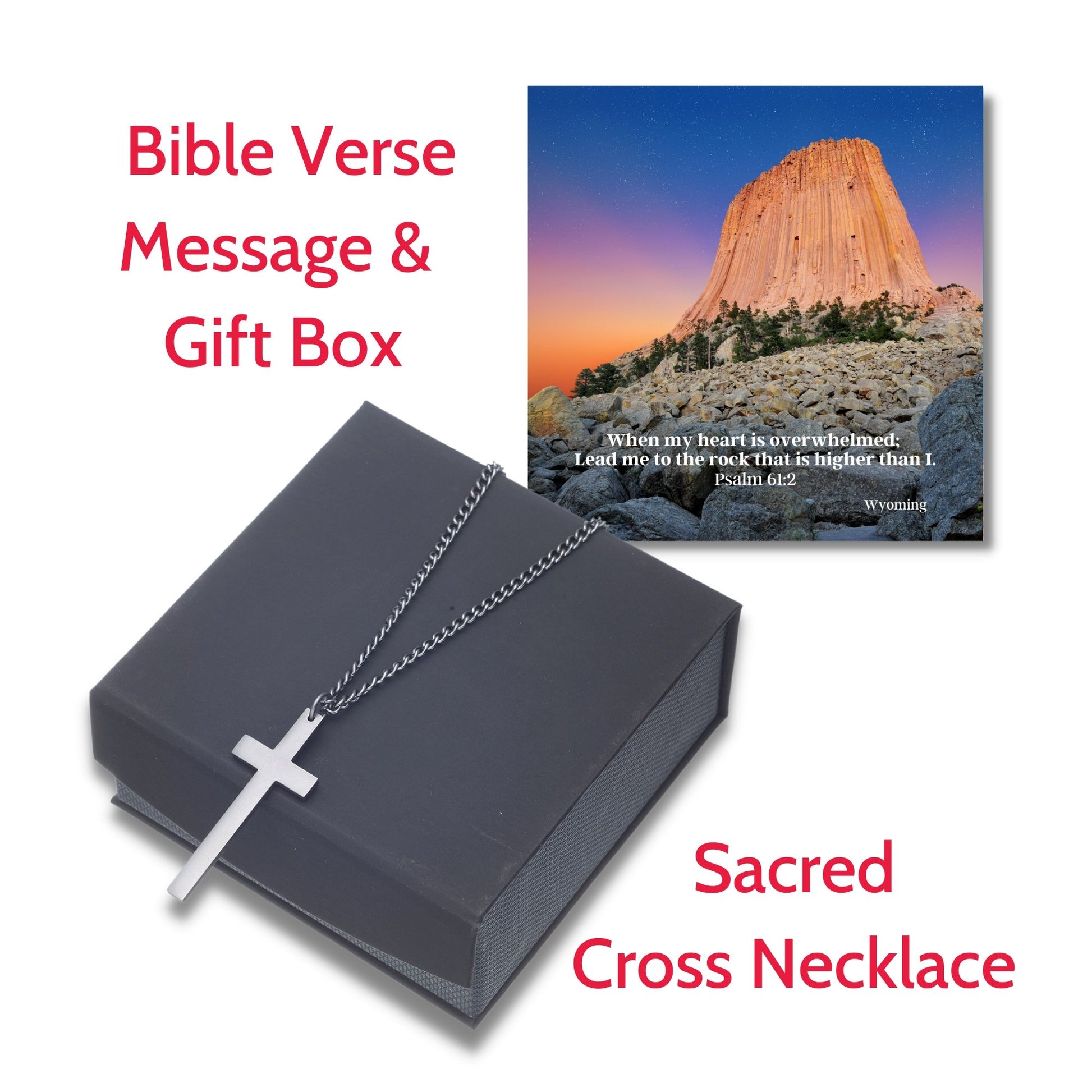 Sacred Cross Necklace, Bible Verse Psalm 61:2 box and necklace and spiritual card gift