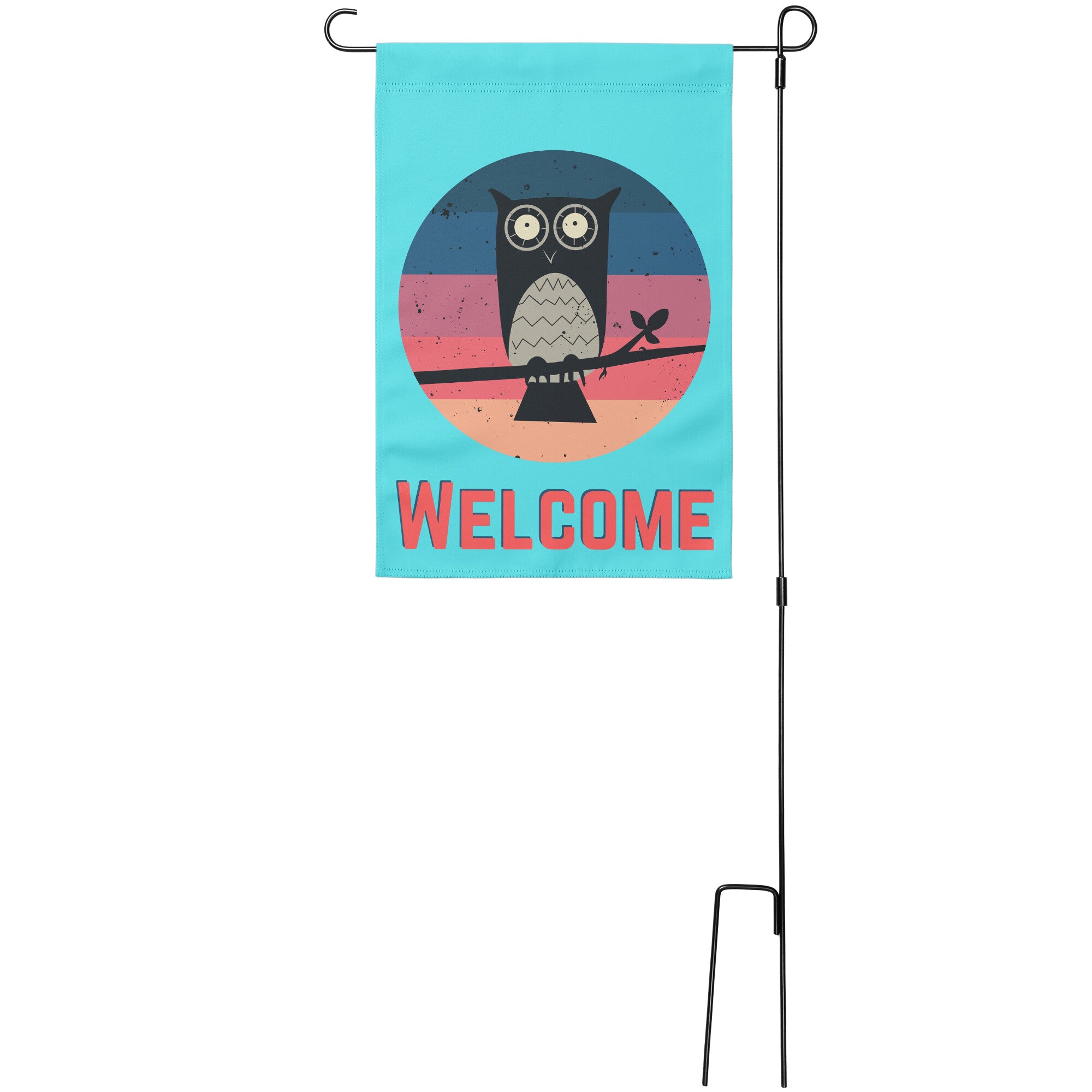 Sunset Owl Welcome Garden Banner in Blue on pole