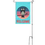 Load image into Gallery viewer, Sunset Owl Welcome Garden Banner in Blue on pole

