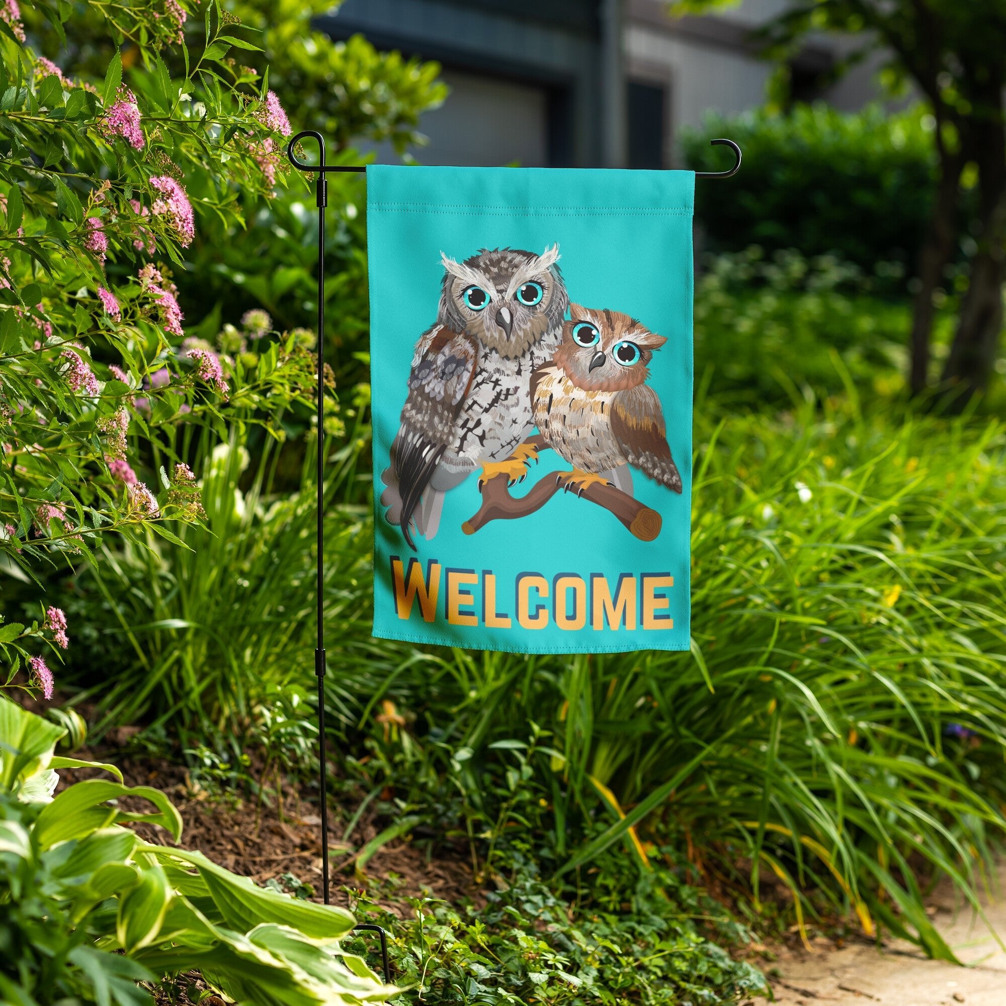 Welcome Blue Eyed Owls Garden Banner in yard