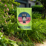 Load image into Gallery viewer, Sunset Owl Welcome Garden Banner in Green in yard
