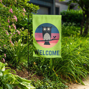 Sunset Owl Welcome Garden Banner in Green in yard