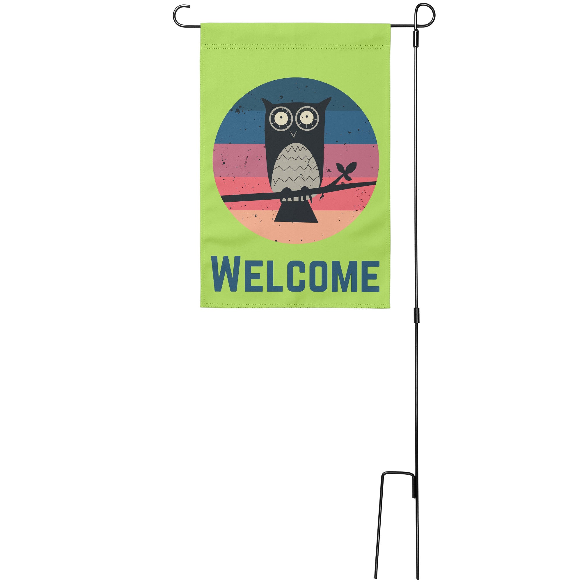 Sunset Owl Welcome Garden Banner in Green on pole