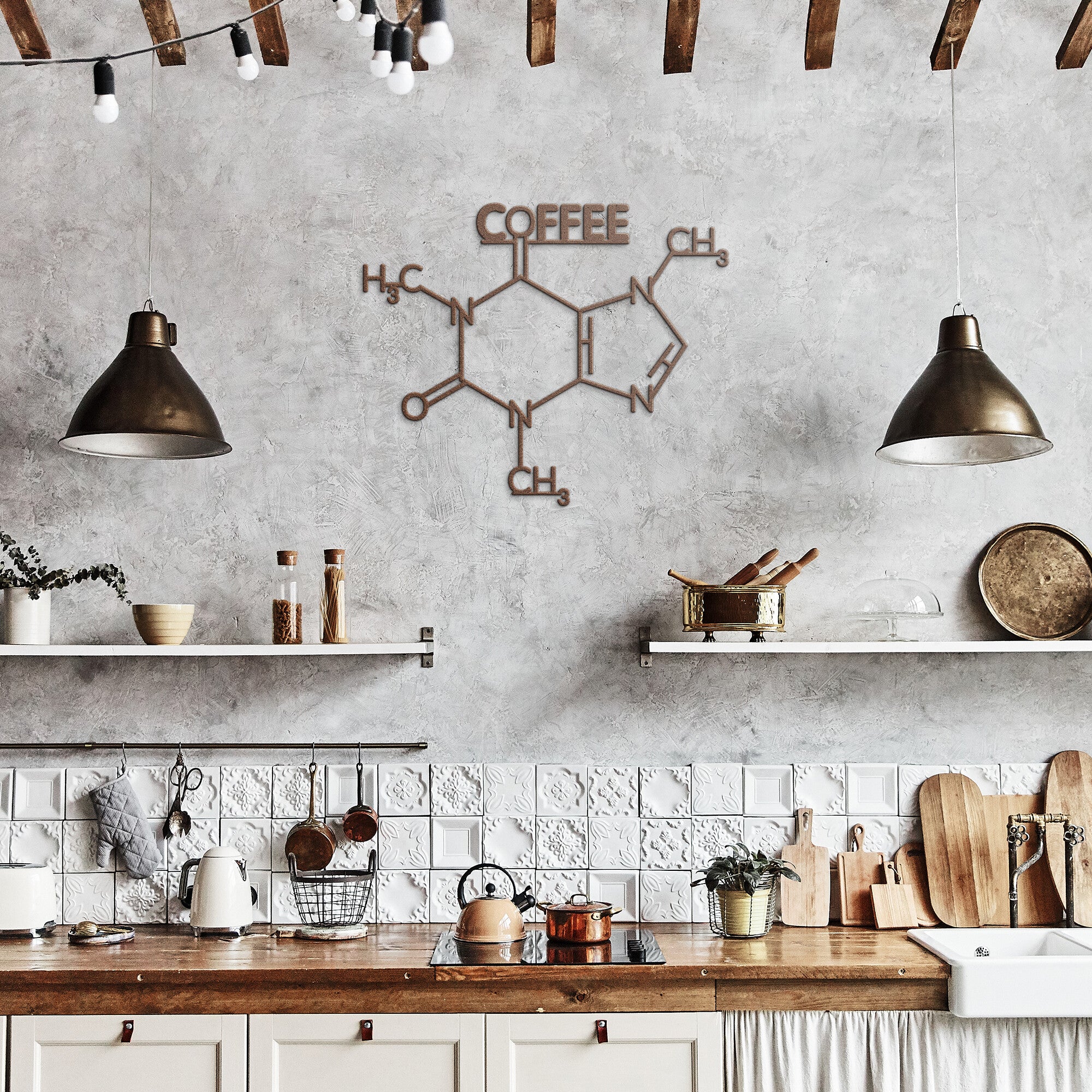 Coffee Molecule Metal Wall Art in copper in kitchen