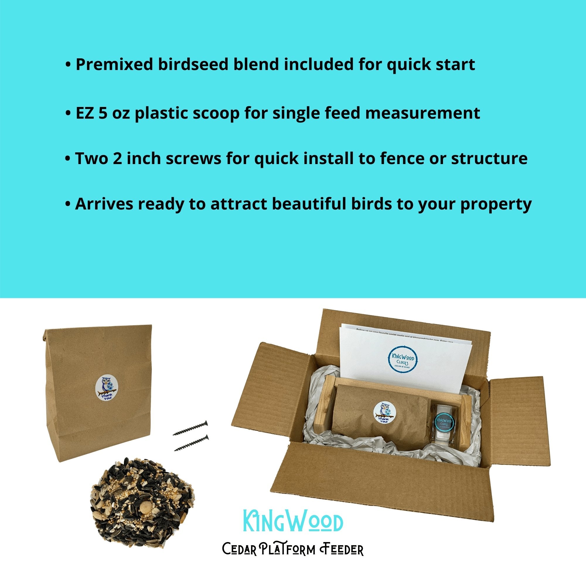 KingWood Platform Bird Feeder Info slide with package reveal