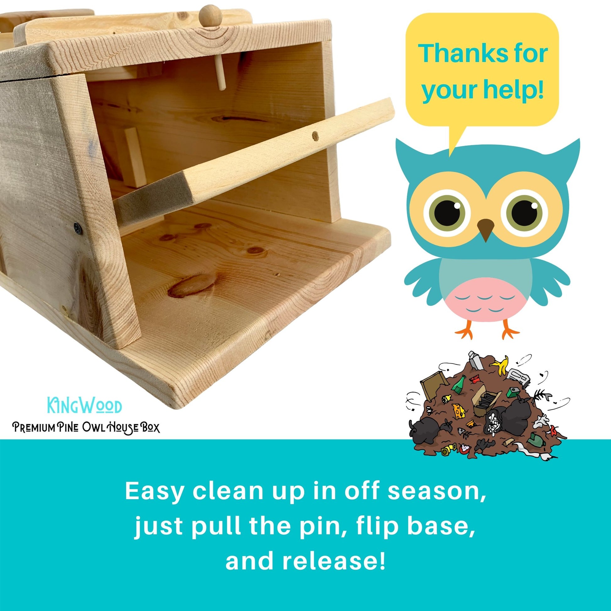 KingWood Premium Pine Owl House Box debris dump with pin pull