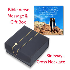 Sideways Cross Necklace, Bible Verse Matthew 16:18 box and card